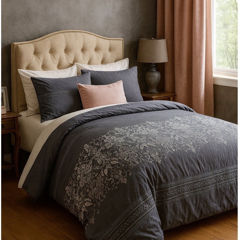 KAS Australia Gray Duvet Cover Metallic Floral Embossed Queen King‎ Size 3012